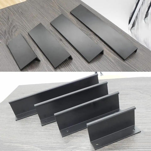 Edge Finger Pulls 2 Pack Hidden Cabinet Handles for kitchen and closet cabinets, aluminum alloy, side view on wooden surface.