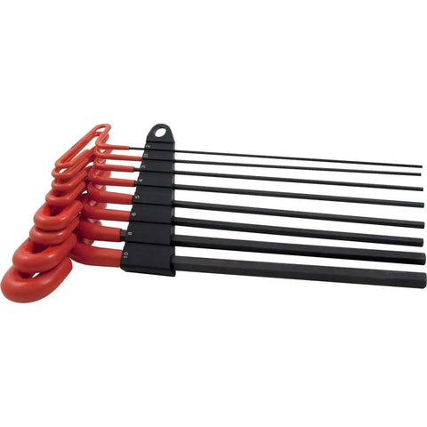 Eight Piece Nine Inch T Handle Hex Key Set From Two Millimeter To Ten Millimeter With PVC Dipped Grips For Heavy Duty Use Corrosion Resistant Black