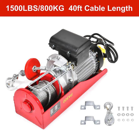 Built Tough 1500 Lb Overhead Electric Hoist Lift Crane For Garage Engine Work with red housing and steel cable