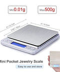 Ultra Precise Digital Kitchen Scale With Backlit Display, 0.001 Oz And 0.01 g, 500 g Capacity, showing size and hand holding scale