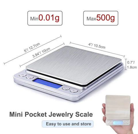 Ultra Precise Digital Kitchen Scale With Backlit Display, 0.001 Oz And 0.01 g, 500 g Capacity, showing size and hand holding scale