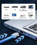 Laptop with Ethernet cable connected using 200 Pack RJ45 Cat6 Pass Through Connectors for solid or stranded UTP cable modular plugs