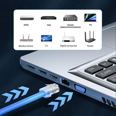 Laptop with Ethernet cable connected using 200 Pack RJ45 Cat6 Pass Through Connectors for solid or stranded UTP cable modular plugs