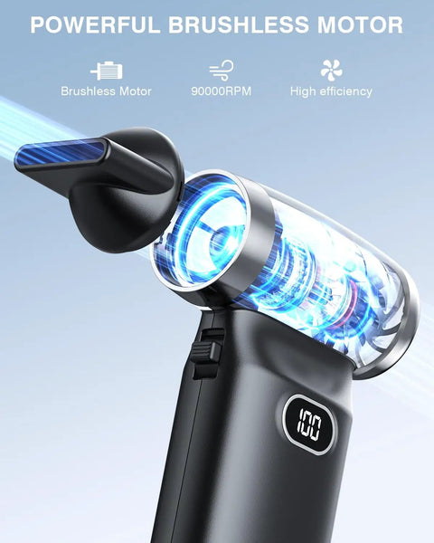 Cordless Air Duster With 60 MPH Wind Power showing detailed view of high-speed brushless motor and digital display
