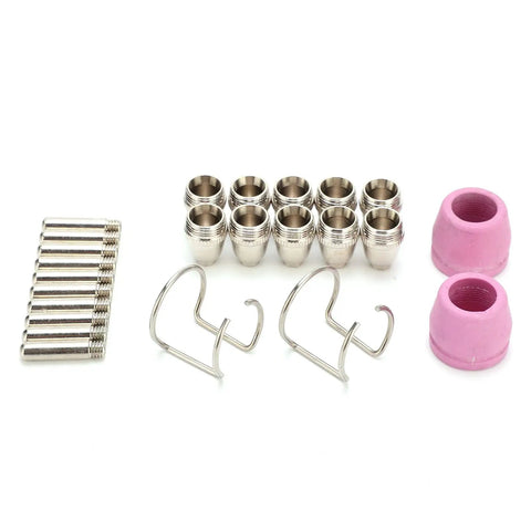 Top Shred Plasma Cutting Torch Consumables 24 Pack Copper Electrodes Contact Tips And Ceramics, including nozzles and hooks.