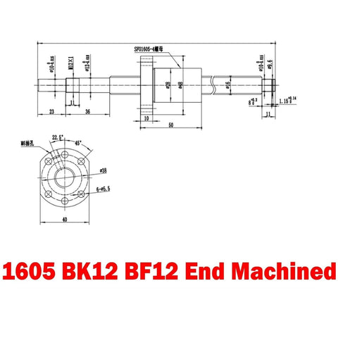 Technical drawing of Ball Screw 1605 Series with 1605-4 ball nut and end machined BK12 BF12 for CNC precision machinery.
