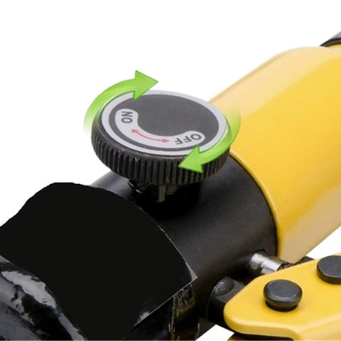 Close-up of the adjustment knob on the Top Tier Manual Hydraulic Crimping Tool With Nine Sets Of Dies for precise control.