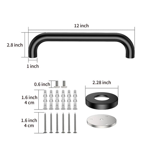 Two Pack 12 Inch Matte Black Shower Grab Bars Stainless Steel Wall Mount Safety Hand Rail For Bathroom Aid Handicap And Elderly Support Rust Resistant Strong Grip Easy Install Non Slip Bath Handle dimensions and hardware included