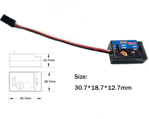 RC Car Gyro Module 4 to 6V Mini Gyro Stabilizer With Adjustable Sensitivity, product dimensions shown next to unit.