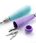 12 Pack Linoleum Cutter Kit For Block Printing And Linocut with purple and blue handles, five blades visible.