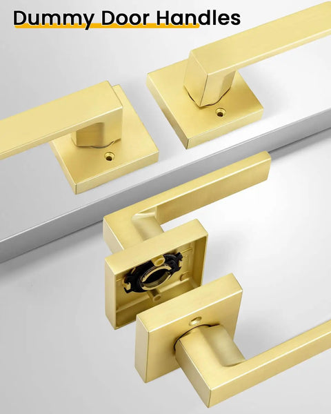 Brushed Gold Dummy Door Handle No Turn Lever For French Doors And Closets, Heavy Duty Ambidextrous Interior Push Pull Door Hardware, Non Functional Single Sided Latch Replacement, 1 Pack close-up
