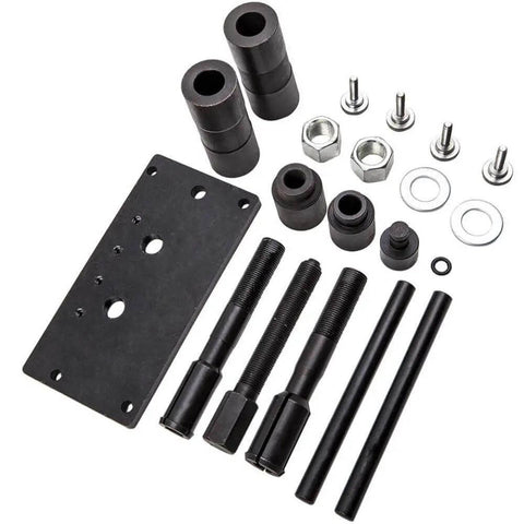 Get This Hot Installer Puller Tool For Twin Cam Engines Perfect For 1999 To 2006 Models With Awesome Locking Mechanism For Quick And Easy Installation Plus Removal Jobs Without Any Headaches Or Struggles. Black steel puller tool kit with bolts, spacers, and plate for Twin Cam engines 1999-2006.