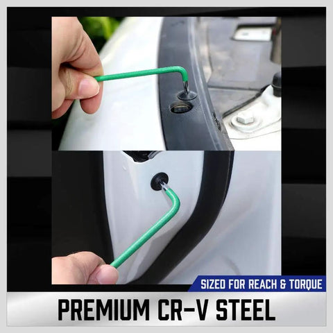 Using the 37-Piece Hex Key Set With Ball End Long Arm For SAE And Metric Allen Wrenches on a car's panel fastener.