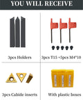 GBJ 3pc 1/2in carbide lathe tool holders; red T15 tool bits with screws; 3 carbide inserts; yellow plastic boxes.