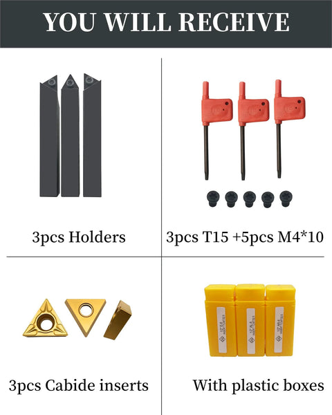 GBJ 3pc 1/2in carbide lathe tool holders; red T15 tool bits with screws; 3 carbide inserts; yellow plastic boxes.