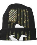 Cozy Camo American Flag Bigfoot Sasquatch Beanie Hat For Men And Women with flag and Bigfoot design.