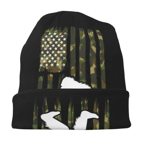 Cozy Camo American Flag Bigfoot Sasquatch Beanie Hat For Men And Women with flag and Bigfoot design.