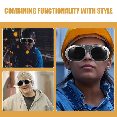 Hardcore Welding Goggles With No Slip Guarantee And Splash Proof Dust Shield For Industrial Job Sites Featuring Anti Fog Black Gray Lens worn by workers.