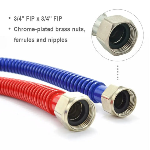 Easy Install No Kink Flexible Stainless Steel Corrugated Water Heater Connector With Color Coded Hot And Cold Lines 3/4 Inch FIP To 3/4 Inch FIP 24 Inch Length Leak Free Durable Plumbing Hose 2 Pack, showing chrome-plated brass connectors.