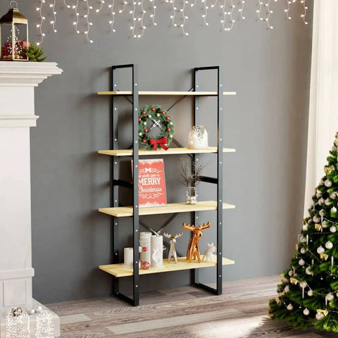 Four-Tier Book Cabinet With Solid Pine Wood Bookshelf And Metal Frame, Industrial Display Shelf For Living Room And Office