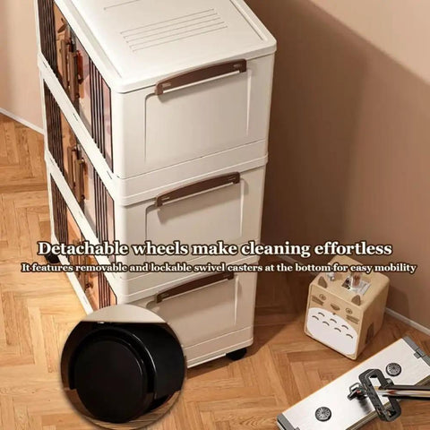Big League Stackable Storage Bins with Secure Lids, 4-Tier Collapsible Plastic Cabinet on Easy Gliding Wheels with detachable wheels.