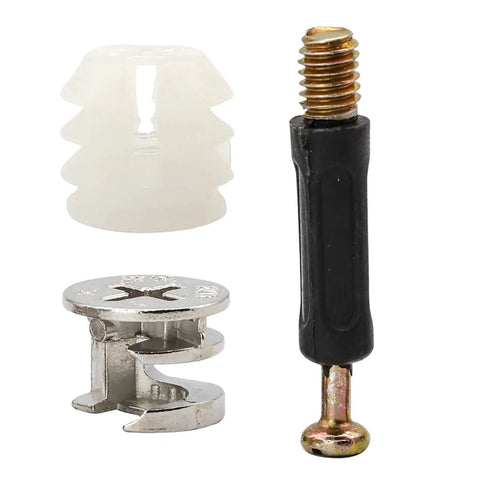 Hella Durable Cam Lock Fittings 108 Piece Furniture Connection Hardware Kit With Eccentric Bolts For Quick Cabinet And Wardrobe Assembly No Sweat Installation Top Notch Rust Resistant Connector Set components including a white plastic connector, metal cam lock, and eccentric bolt.