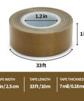High Temperature PTFE Fiberglass Adhesive Tape 1 Inch Wide By 33 Feet Long 0.18mm Thick roll with dimensions labeled.