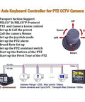 Diagram showing functionality of 3-axis keyboard controller with joystick, PTZ camera integration via RS485 for surveillance systems.
