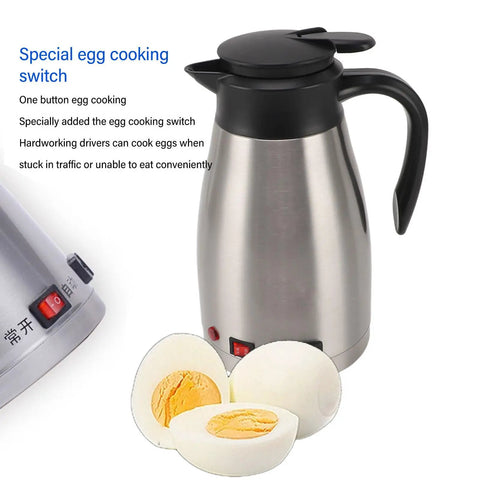 Heavy Duty 12V Car Electric Kettle With 1300ml Stainless Steel Body crafted for cooking eggs and boiling water on the go.