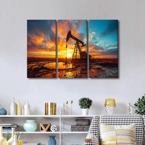 Industrial Oil Pump Wall Art Set Three Panels Canvas Prints 42x28 Inches Ready To Hang For Living Room And Bedroom Decor