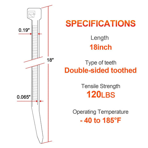 Diagram of 18 Inch Heavy Duty Zip Ties 120 Lbs Tensile Strength Double Sided Toothed Self Locking Nylon Cable Ties specifications