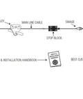 Diagram of Ultimate 150 Foot Zip Line Kit With Galvanized Quarter Inch Cable, Stainless Dual Bearing Trolley, setup components.