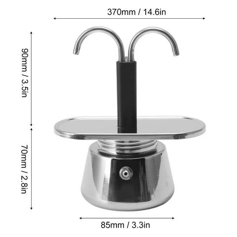 Stovetop Espresso Maker Real Deal Silver Stainless Steel Two Cup Italian Brew Pot With Dual Spout Handle displayed from above.