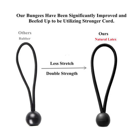 Comparison of rubber bungee cord and 25 Pack 6 Inch Ball Bungee Cords Heavy Duty Outdoor Natural Latex Tarp Straps, highlighting strength.
