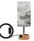 Mountain Watercolor Bedside Table Lamp With 3-Way Dimmable Touch Control And Built-In Charging Station For Bedroom Nightstand Or Desk USB-C Port USB-A And 2-Prong Outlet LED Bulb Included, cable visible, unplugged