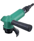 Hardcore Slick 5 Inch Pneumatic Angle Grinder With Adjustable Speed Control For Precision Grinding Sanding And Polishing Marble Granite Tile Using Air Powered Die Tool For Tight Spots close-up of green pneumatic angle grinder with handle.