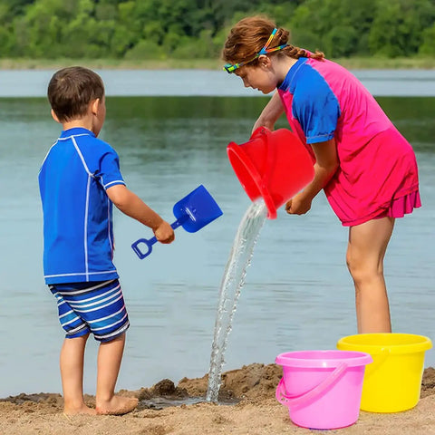 Children playing at the beach with 12 Pack Kids Sand Buckets And Shovels Set With 7.48 Inch Buckets And Shovels Bright Beach Toys