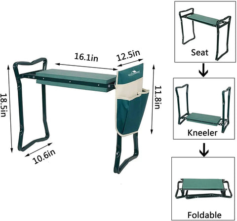 2-In-1 Garden Stool And Kneeler With Tool Bags And Kneeling Pad, Portable Garden Bench For Yard Work, Durable Outdoor Seat, Green