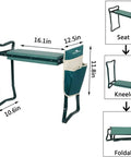All In One Garden Stool And Kneeler With Tool Bags Portable Bench And Kneeling Pad Durable Outdoor Work Seat That Is Water And UV Resistant Keeps Dirt Out A Real Workhorse For Gardeners And Parents Green shown in dimensions with foldable design