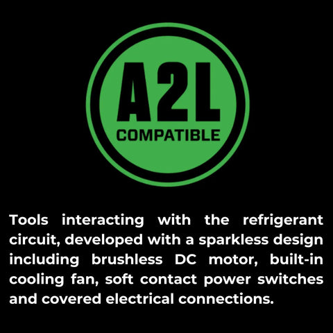Green A2L Compatible logo for Compact Tube Bender Kit with reverse bending attachment, ideal for HVAC and plumbing.