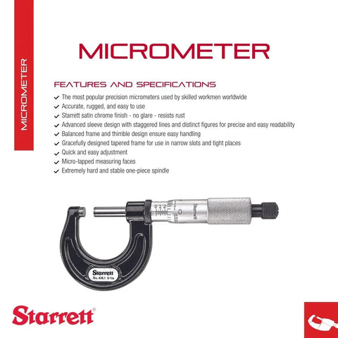 Outside Micrometer 0-1 Inch With One-Piece Spindle, Satin Chrome Finish, .001 Inch Graduation, highlighted in specification sheet.