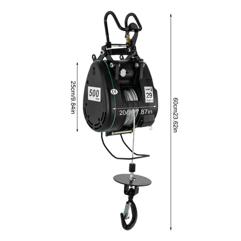 Heavy Duty Electric Hoist With 1102 Lb Capacity And Wired Remote Control Lift For Garage Shop Or Factory Jobs Featuring Fast 1800W Copper Motor lifting equipment with dimensions.