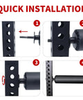 Installation steps for Single Leg Squat Roller For Power Rack And Squat Rack Attachments, showing black steel frame and foam roller.
