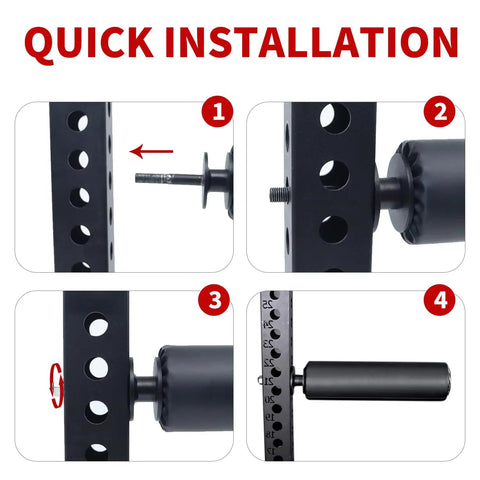 Installation steps for Single Leg Squat Roller For Power Rack And Squat Rack Attachments, showing black steel frame and foam roller.