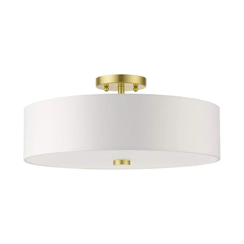 Meridian Collection 4-Light Semi-Flush Mount Ceiling Light with Off-White Fabric Shade in Satin Brass Finish, Sleek Modern Home Lighting