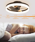 20 Inch Modern Bladeless Ceiling Fan With Lights Remote Control 6 Speeds 3 Color Options Dope Geometric Design Black Low Profile Flush Mount Ceiling Fan for Bedroom with child sleeping soundly below
