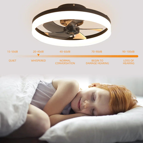 20 Inch Modern Bladeless Ceiling Fan With Lights Remote Control 6 Speeds 3 Color Options Dope Geometric Design Black Low Profile Flush Mount Ceiling Fan for Bedroom with child sleeping soundly below
