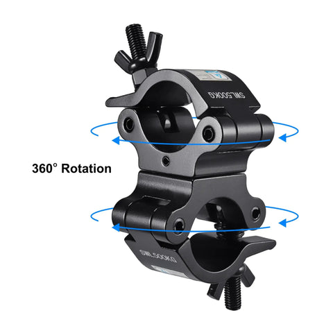 Beefy Heavy Duty Swivel Truss Clamp Set 2 Pack For 2 Inch Trusses Dual Head Turn As Needed 360 Degree Lighting Clamps Fits 48 To 52mm Truss OD Aluminum Alloy 6061 Pro Grade Safety And Durability. 360° swivel truss clamp, black aluminum, dual-head, for 48-52mm truss