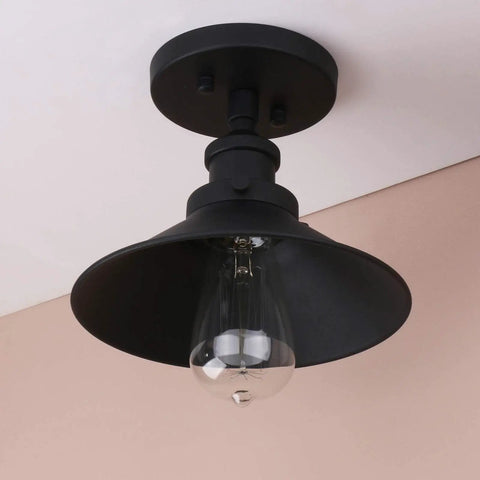 Vintage Farmhouse Ceiling Light With Metal Shade For Hallways, Kitchens, Lofts And Bars, Matte Black Semi Flush Mount Fixture