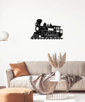 Vintage Steam Locomotive Metal Wall Art For Living Room Office And Apartment Black 16 Inch Dope Rustic Industrial Decor Sign Outdoor Durable Iron Sculpture For Your Modern Home hanging over a modern sofa.